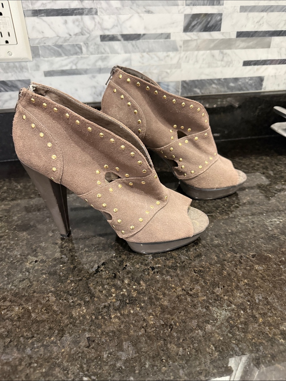Steve Madden Taupe Suede Studded Peep-Toe Booties